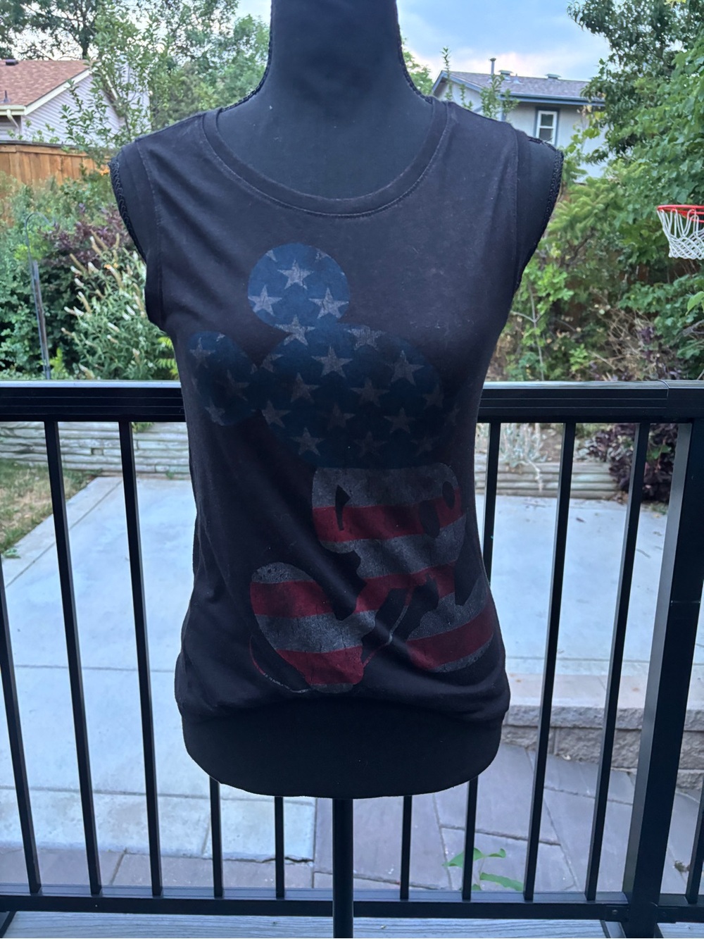 Disney Black Muscle Tee with Faded American Flag Mickey Graphic